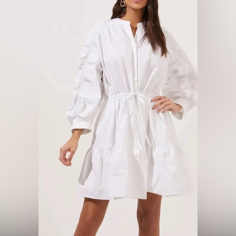 ASTR the label ruched string waist long sleeves fit and flare white mini dress S